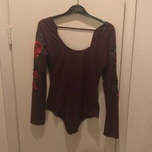 Shinestar Embroidered Rose Henley Bodysuit